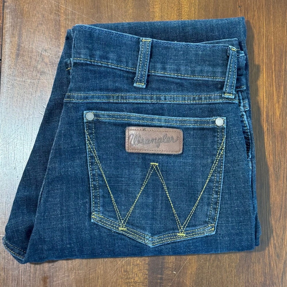 Wrangle Retro Mens Slim Bootcut Jeans 32x34 Dark Wash Denim Western Cowboy